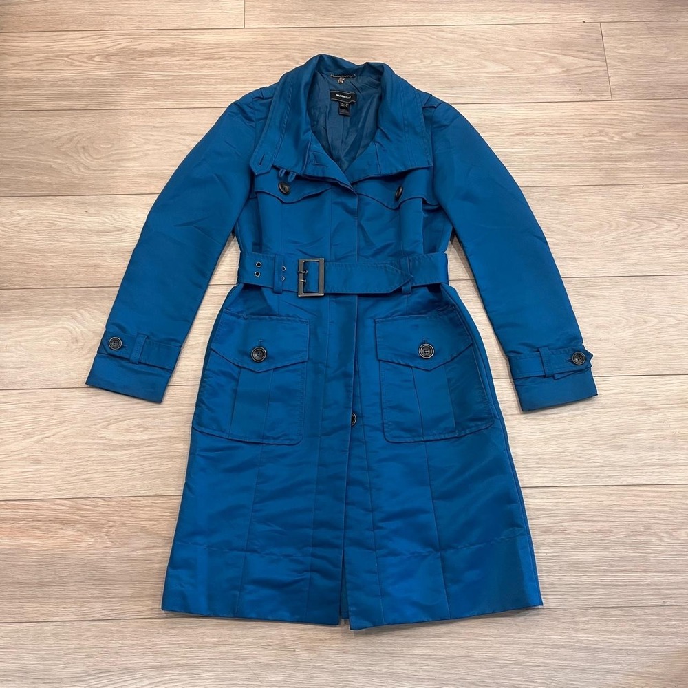 Mango Teal Blue Belted Utility Trench Coat Women S Y2K Mod Outwear Streetwear